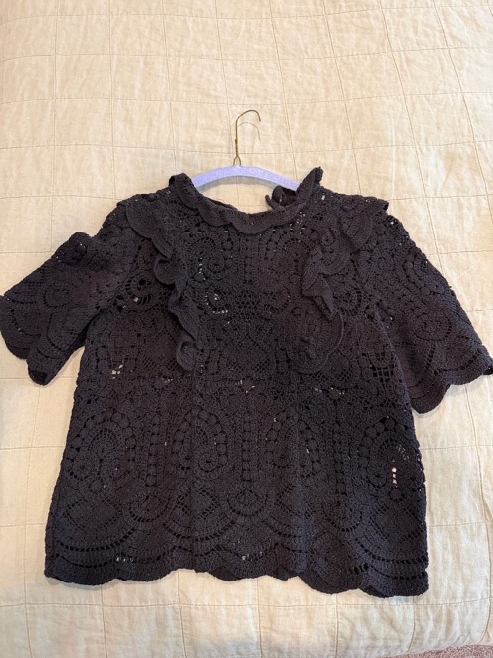 Sezane Black Crochet Lace Ruffle Short-Sleeve Top